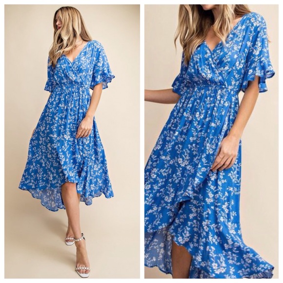 NEW Blue boho floral wrap hi low maxi dress 💙 - Picture 3 of 8